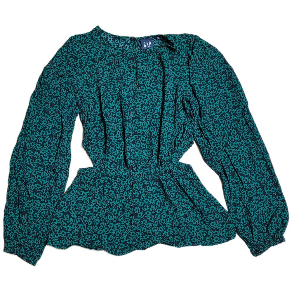 GAP Peplum Blouse Top Women's Size XS Green Black Floral Cutout Waist